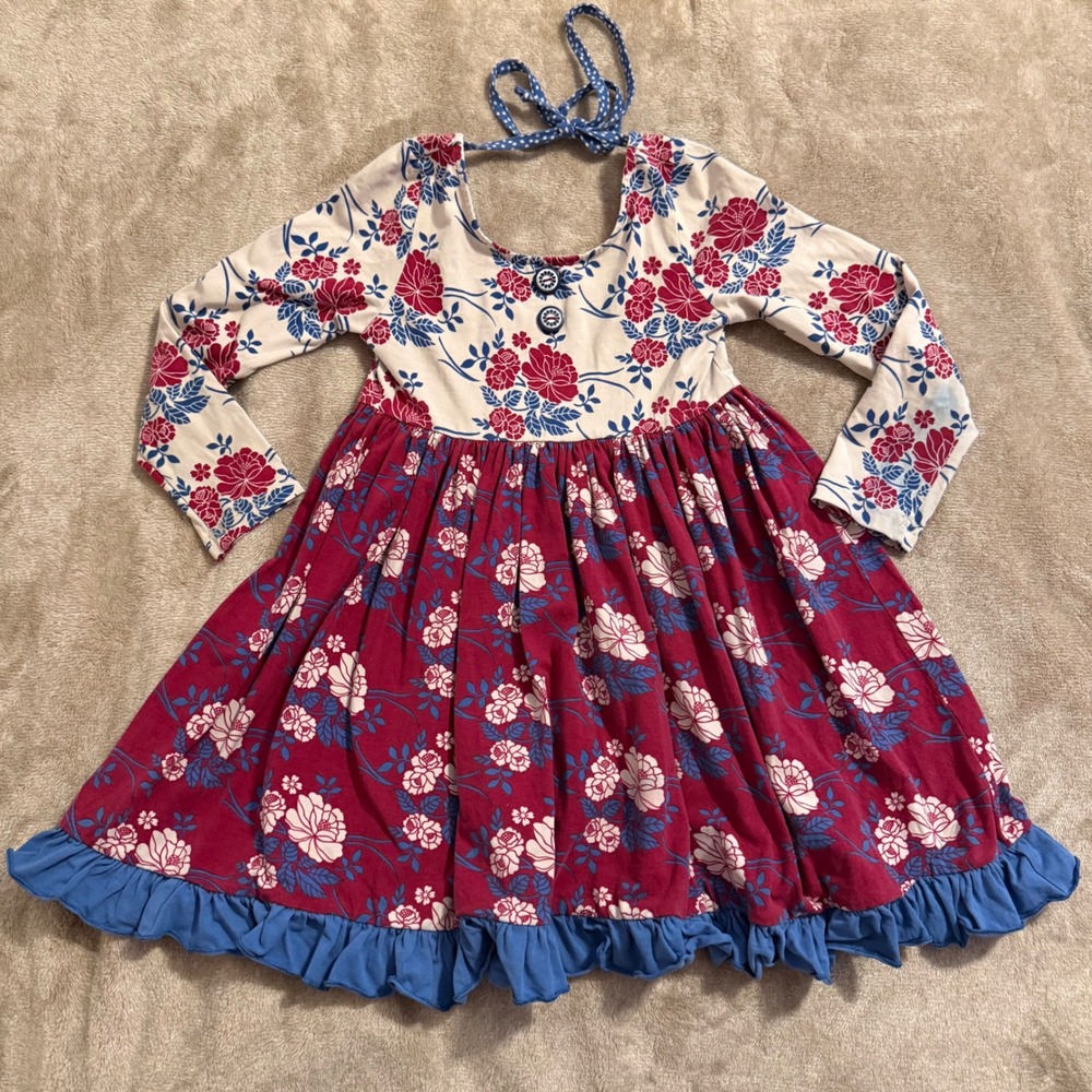 Wildflowers Girls Floral Long Sleeve Ruffle Dress Burgundy Blue Size 6